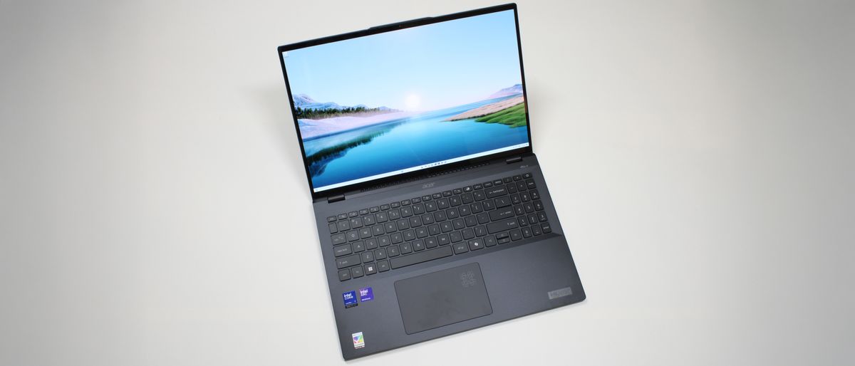 Acer Swift 16 AI (Intel) open at an angle on a white background showing the display, keyboard, and touchpad.