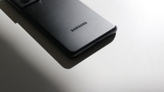 The Samsung logo on the back cover of the S21 Ultra