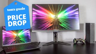 Gigabyte M28U gaming monitor with deal tag superimposed