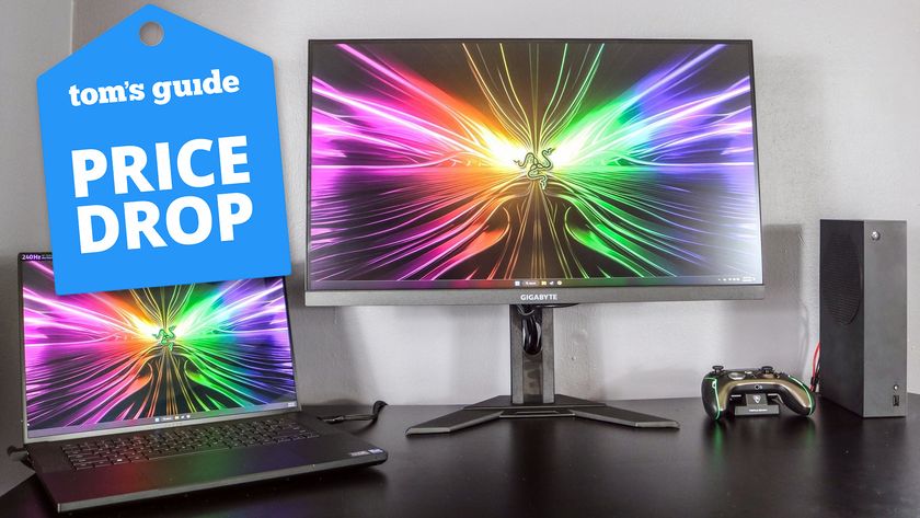 Gigabyte M28U gaming monitor with deal tag superimposed