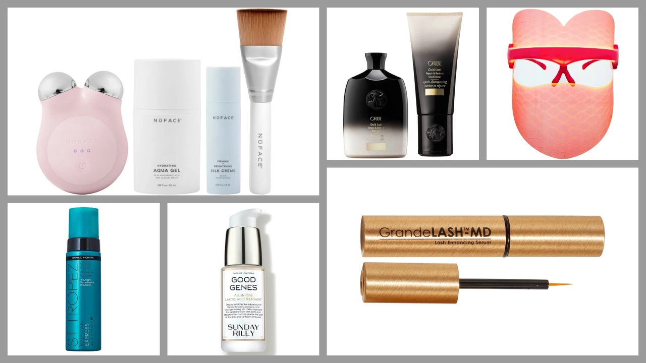 Product collage of nuface mini, oribe gold lust shampoo and conditioner, skin gym wrinklit face mask, st. tropez 1-hour express self tanner, sunday riley good genes serum, grande lash md serum 