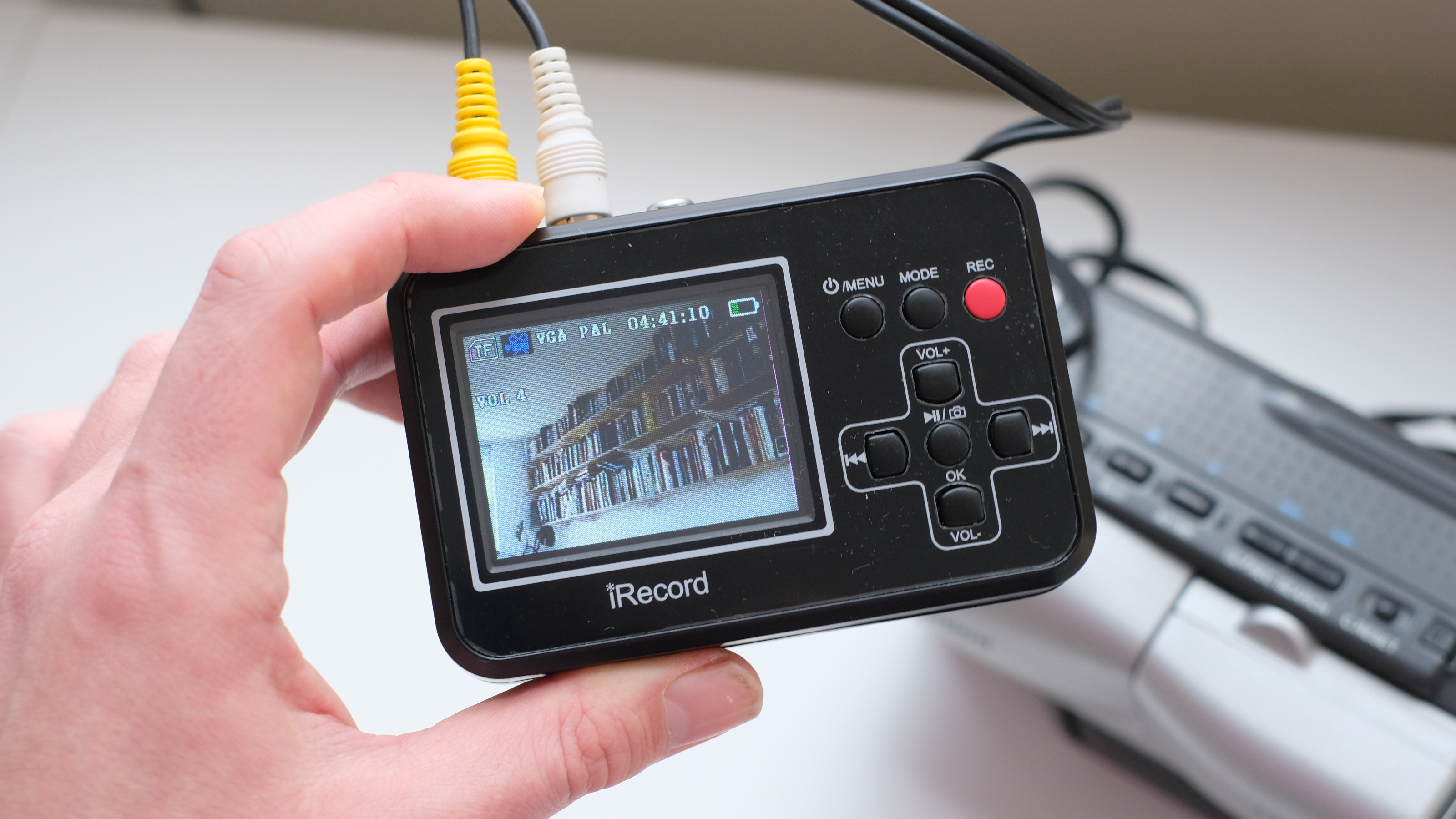 Photograph of DigitNow Full Media Recorder capturing video while plugged into an 8mm camcorder