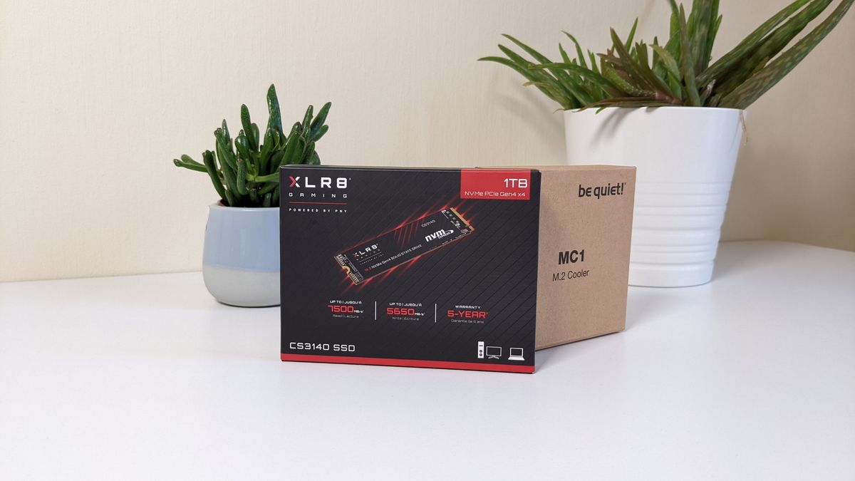 PNY XLR8 CS3140 in Verpackung neben be quiet MC1 Kühlkörper in Verpackung, im Hintergrund zwei Topfpflanzen