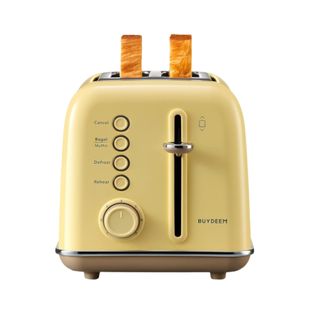 A light yellow toaster with two slices of bread on it, four buttons, a sliding handle, and a dark brown base with feet