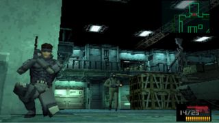 Snake in Metal Gear Solid crouching behind a wall as a guard approaches 