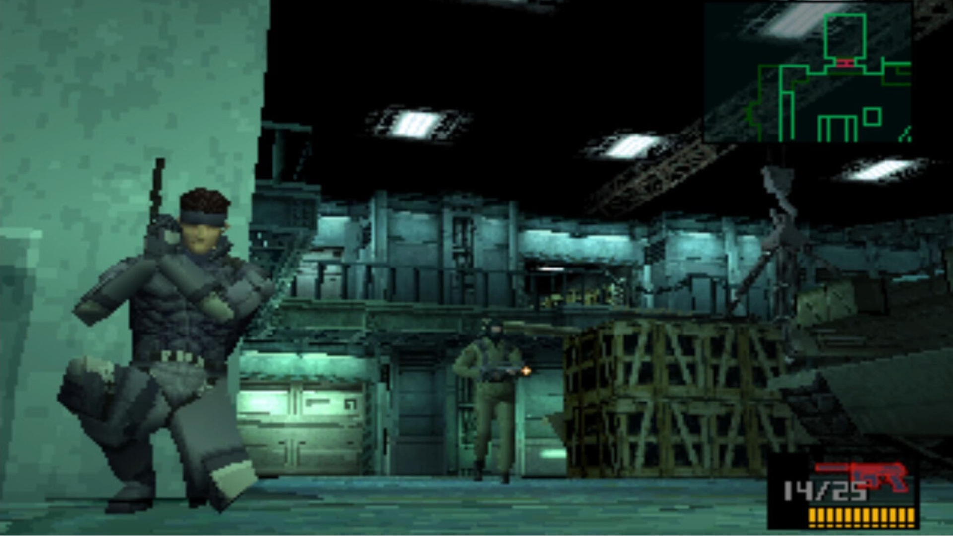Snake in Metal Gear Solid crouching behind a wall as a guard approaches