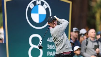 Rory McIlroy holds his finish on a tee shot at the BMW PGA Championship