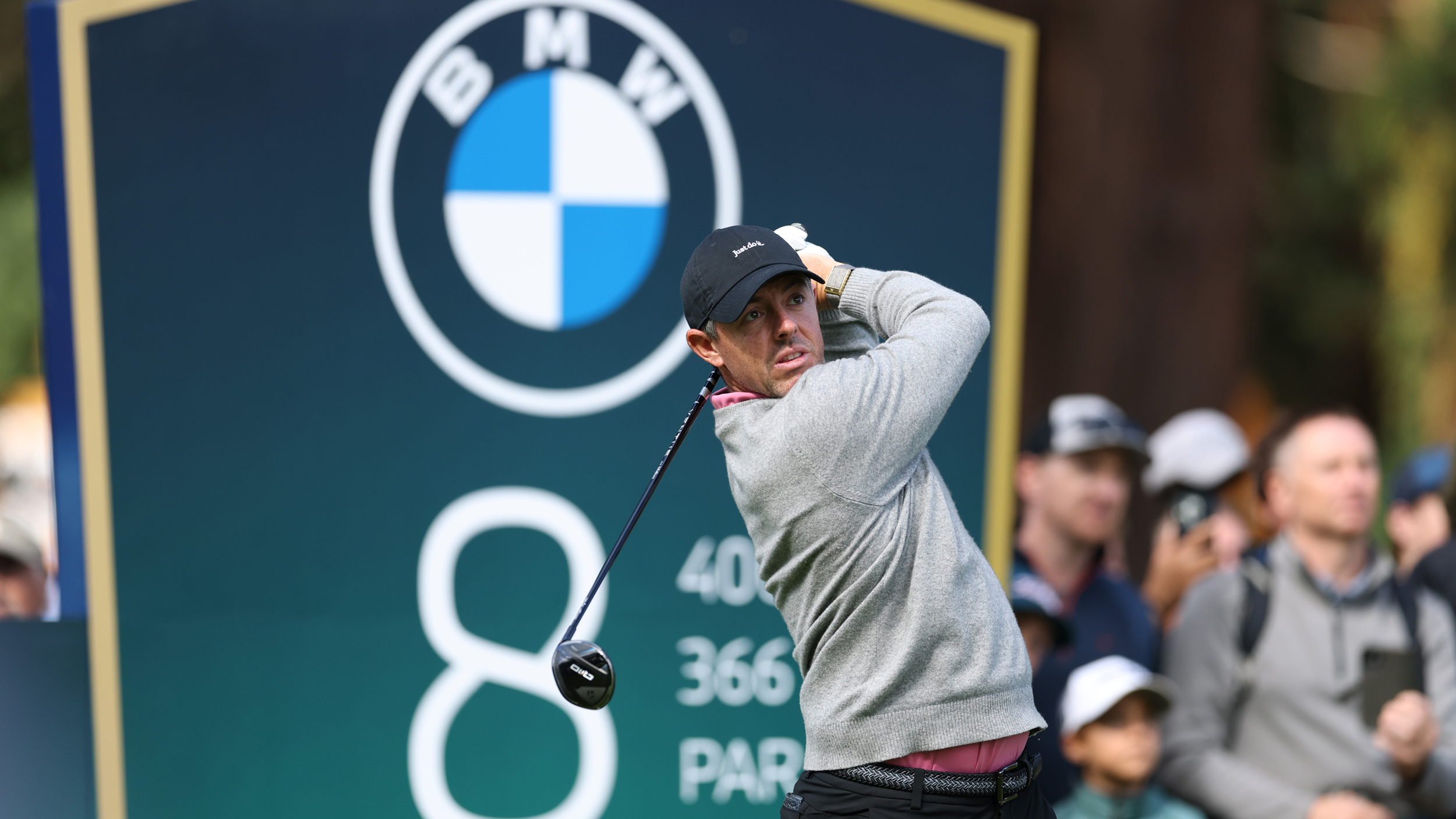 Rory McIlroy holds his finish on a tee shot at the BMW PGA Championship