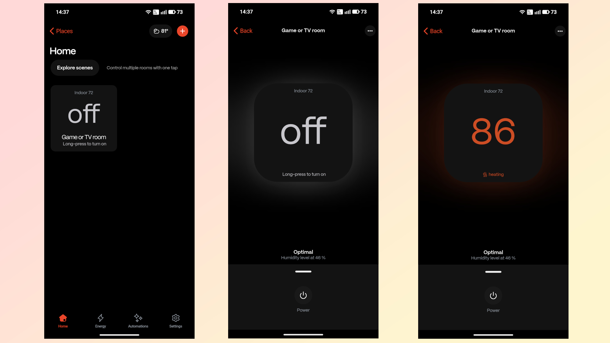 A series of screenshots showing the power and temperature controls for the Kelvin infrared heater in the Boldr app
