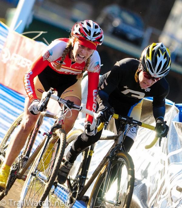 Andrea Smith and Maureen Bruno Roy battle it out in a sprint finish.