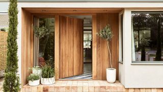 Contemporary entrance with timber cladding, pivoting wooden door, brick steps, and potted plants creating a warm, modern porch feel.
