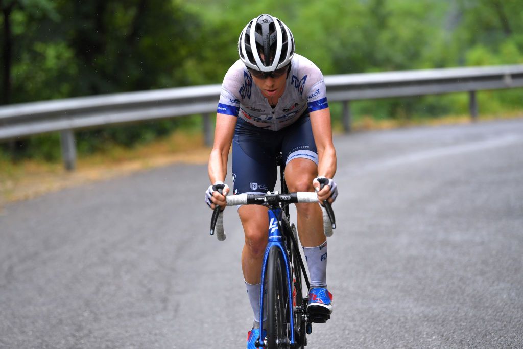 OVADA ITALY JULY 04 Brodie Chapman of Australia and Team FDJ Nouvelle Aquitaine Futuroscope attack in breakaway during the 32nd Giro dItalia Internazionale Femminile 2021 Stage 3 a 135km stage from Casale Monferrato to Ovada GiroDonne UCIWWT on July 04 2021 in Ovada Italy Photo by Luc ClaessenGetty Images