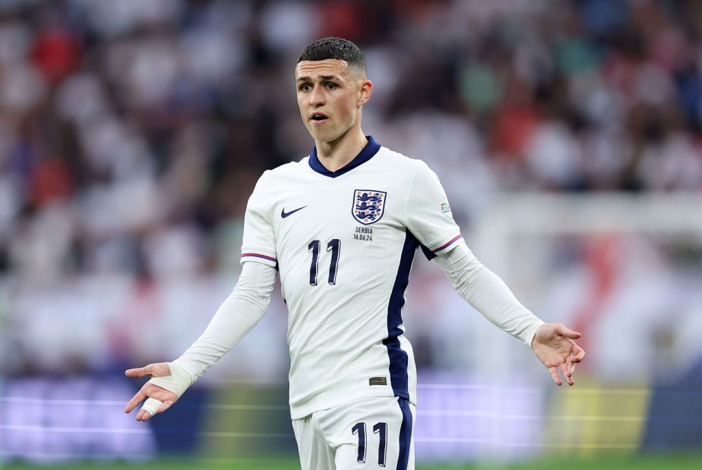 Phil Foden of England reacts during the UEFA EURO 2024 group stage match between Serbia and England at Arena AufSchalke on June 16, 2024 in Gelsenkirchen, Germany.