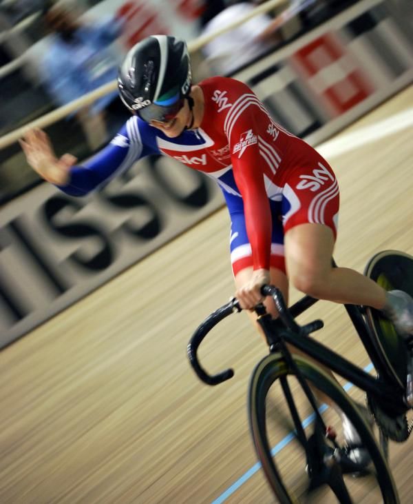 Victoria Pendleton celebrates winning the women's team sprint.