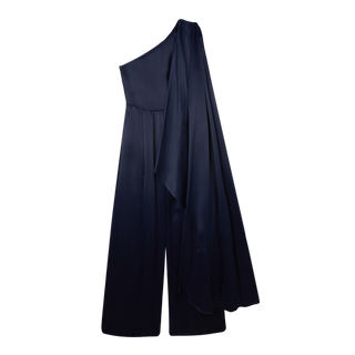 Cutout image of a navy blue one shoulder jumpsuit with cape detail from Karen Millen