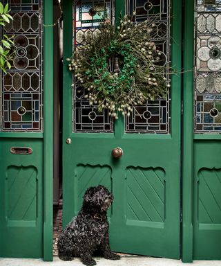 A green external period home front door painted with green paint decor with Christmas wreath and small dog sitting outside