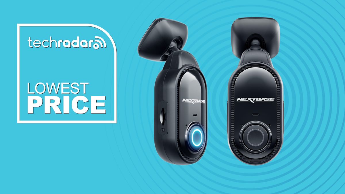 Nextbase Piqo dash cam on a blue background with TechRadar lowest price text overlay