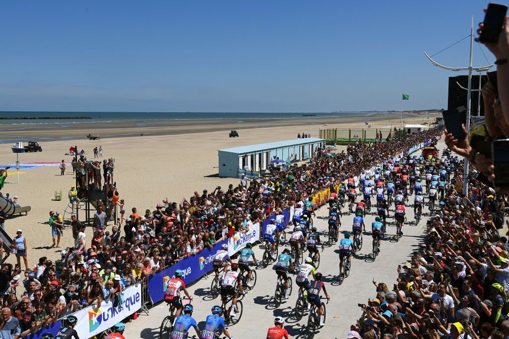 CALAIS FRANCE JULY 05 A general view of the peloton prior to the 109th Tour de France 2022 Stage 4 a 1715km stage from Dunkerque to Calais TDF2022 WorldTour on July 05 2022 in Calais France Photo by Tim de WaeleGetty Images