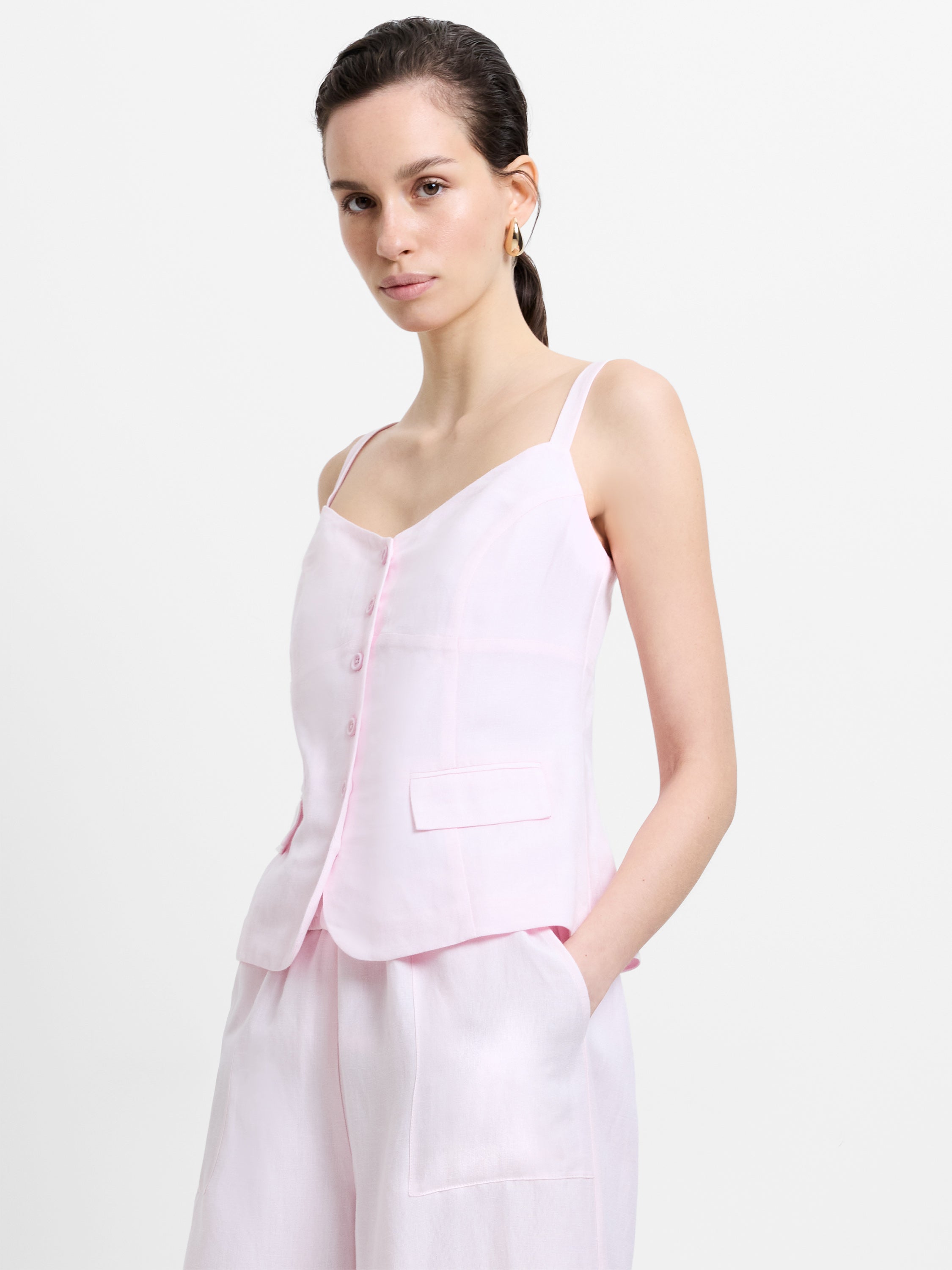 Cooper Linen Tailored Button Front Pink Cami Top