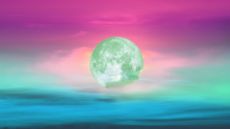 February Full Moon 2023: green moon and tree on the silhouette mountain on sunset sky, Elements of this image furnished by NASA.