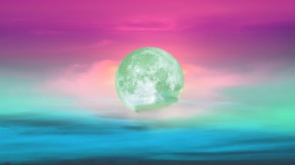 February Full Moon 2023: green moon and tree on the silhouette mountain on sunset sky, Elements of this image furnished by NASA.