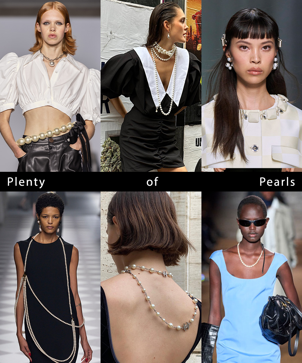 a collage of models and women wearing the 80s inspired jewelry trend: pearls