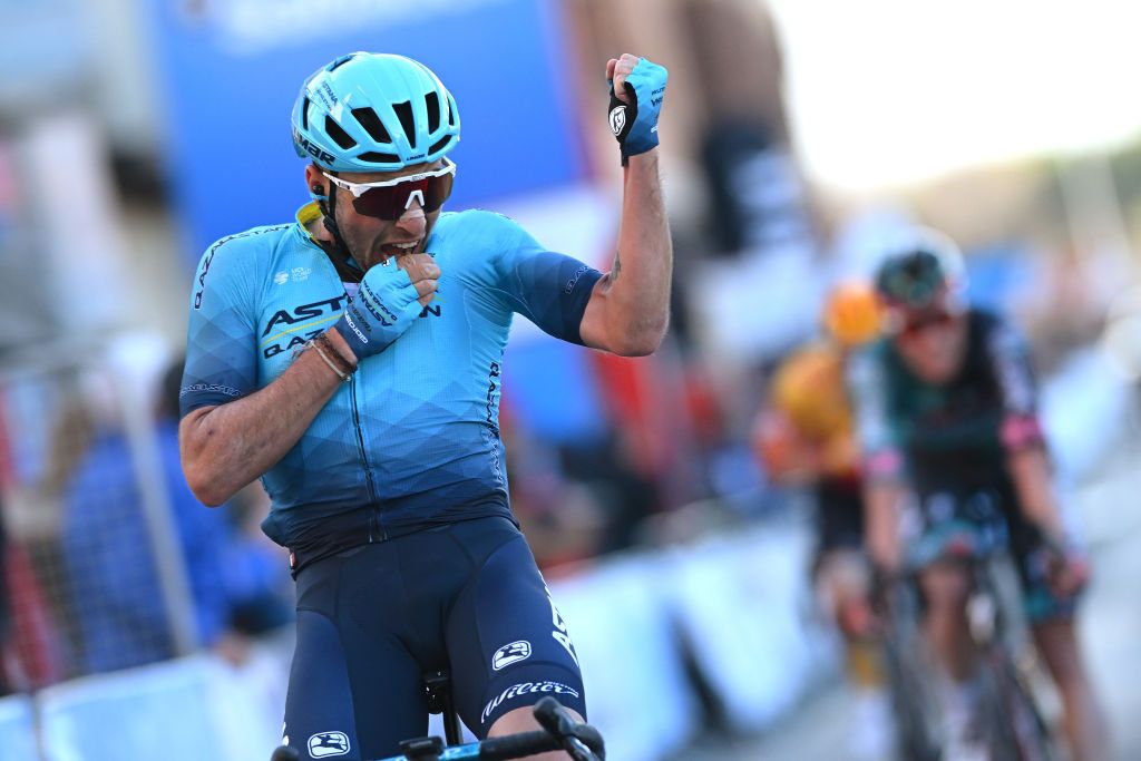 SAGUNTO SPAIN FEBRUARY 03 Simone Velasco of Italy and Astana Qazaqstan Team celebrates at finish line as stage winner during the 74th Volta a la Comunitat Valenciana 2023 Stage 3 a 1451km stage from Btera to Sagunto VCV2023 VoltaValenciana on February 03 2023 in Sagunto Spain Photo by Dario BelingheriGetty Images