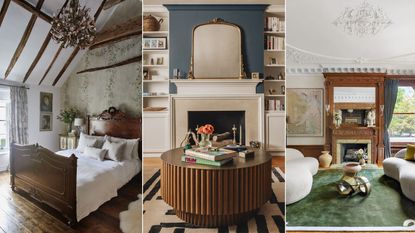 three images of home interiors with bedroom living room and ceiling rose