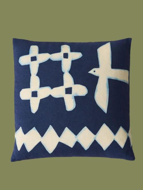 Emma Carlow Cut Out Bird Print Cushion Cover in Indigo Blue/Ecru