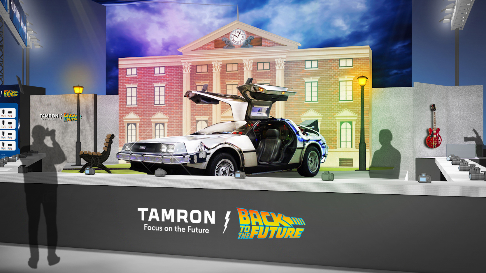 Render of Tamron's CP+ 2026 stand featuring Back to the Future 