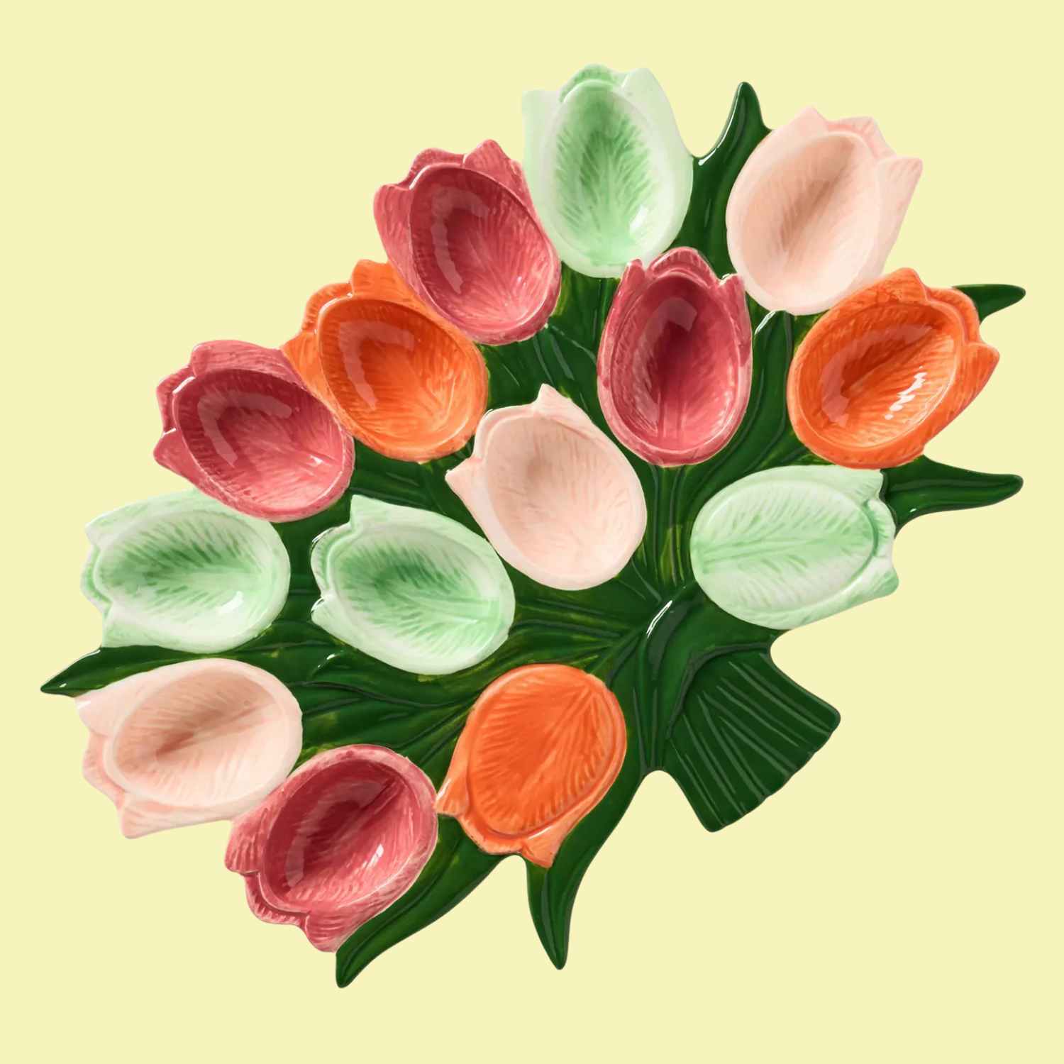 A tulip-themed deviled egg platter