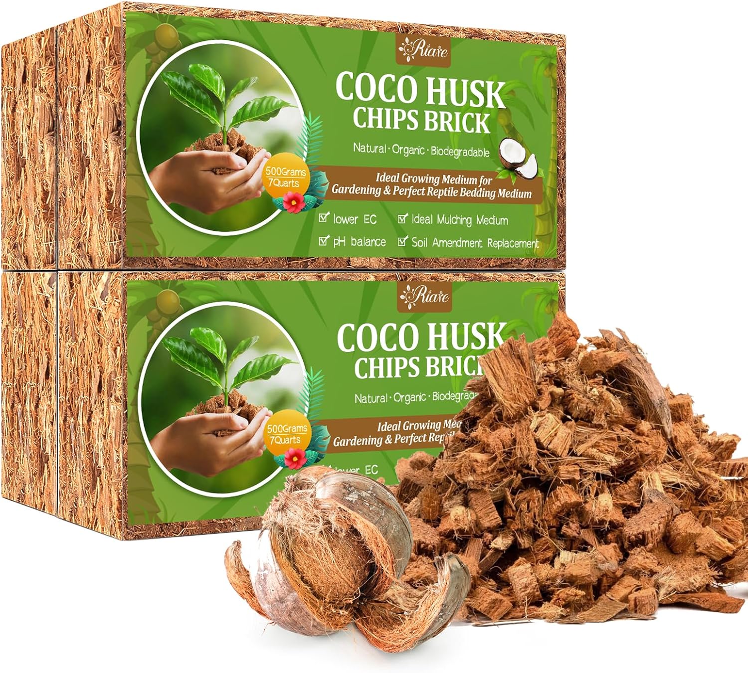 Riare 4 Pack Coco Husk Chips for Plants Organic Coco Chips Substrate High Expansion Coconut Substrate Coco Coir Mulch for Garden Flowers, Herbs, Planting