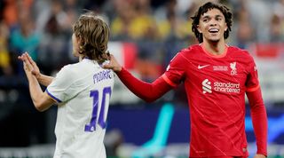 Real Madrid's Luka Modric and Liverpool's Trent Alexander-Arnold during the 2022 Champions League final in Paris.