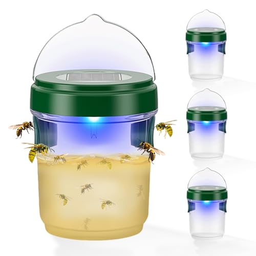 Wasp Traps Outdoor Hanging, 4 Packs Solar Powered Hornet Catcher for Outside Patio Backyard Camping, New Upgrade Carpenter Bee Insect Yellow Jacket Trap With Led Light