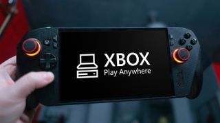 Xbox Play Anywhere logo on an Xbox Ally handheld