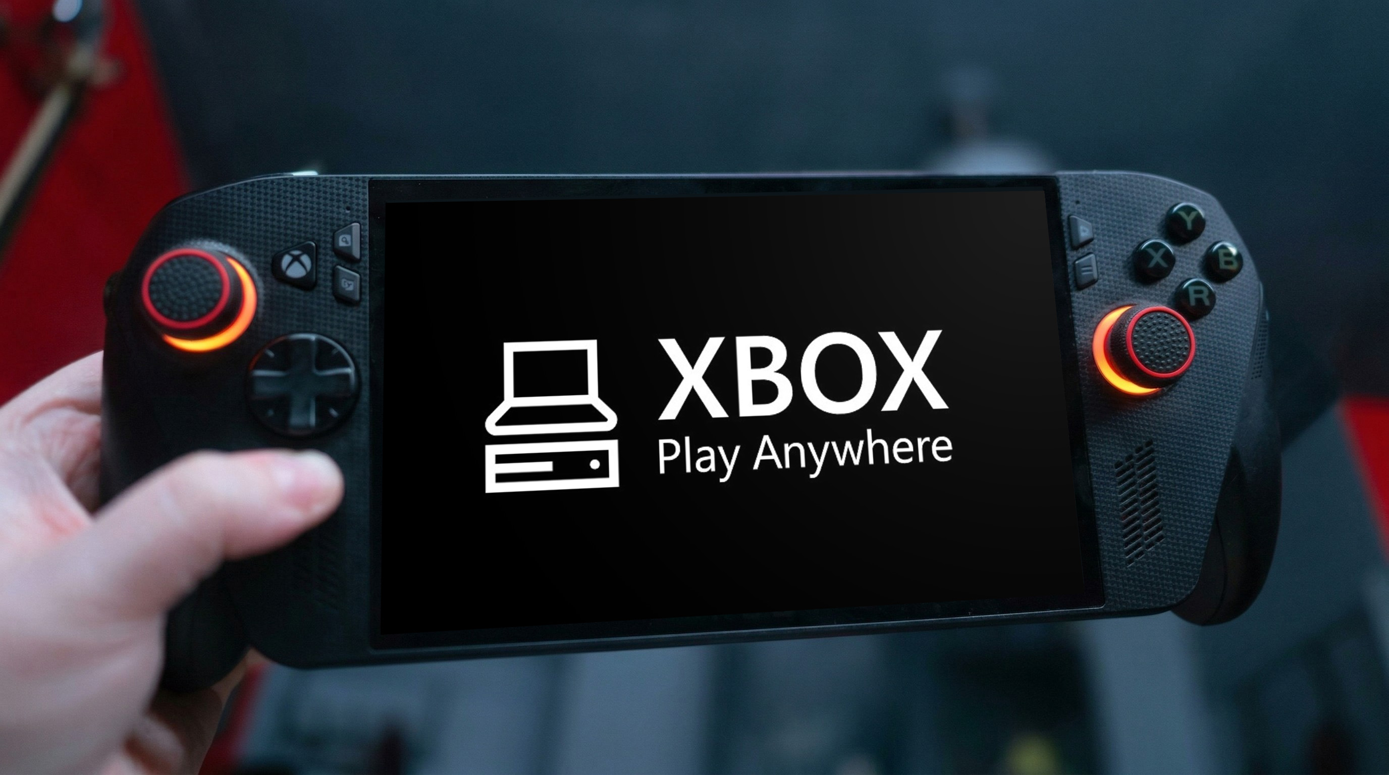 Xbox Play Anywhere logo on an Xbox Ally handheld