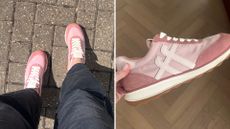 Two images of Caroline Parr testing FitFlop Retro-Q trainers