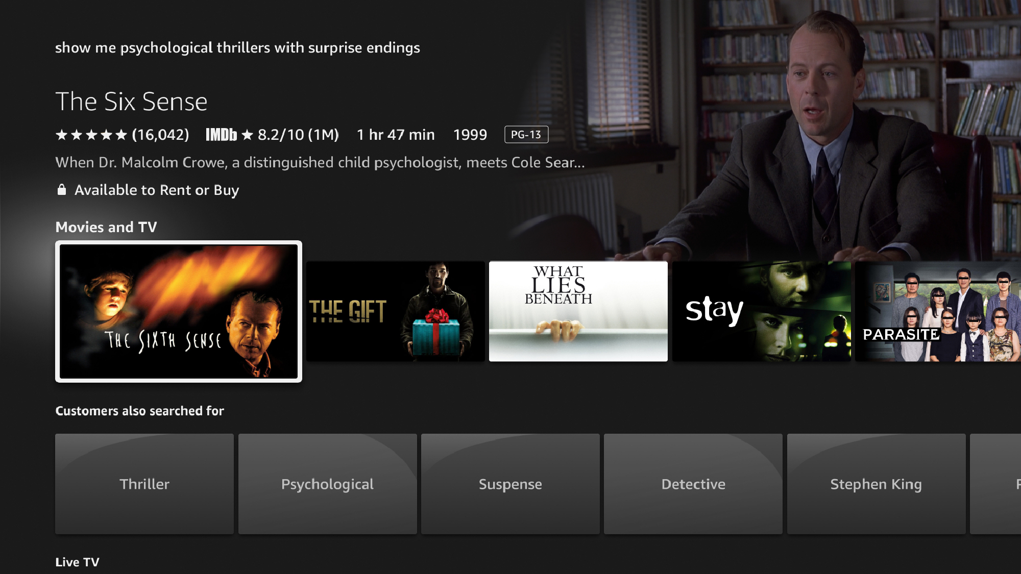 Amazon Fire TV showing some of the best psychological thrillers using AI