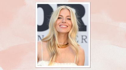 Sienna Miller arrives at the US Premiere Of "Horizon: An American Saga - Chapter 1" at Regency Village Theatre on June 24, 2024, in Los Angeles, California/ in a pink watercolour paint-style template