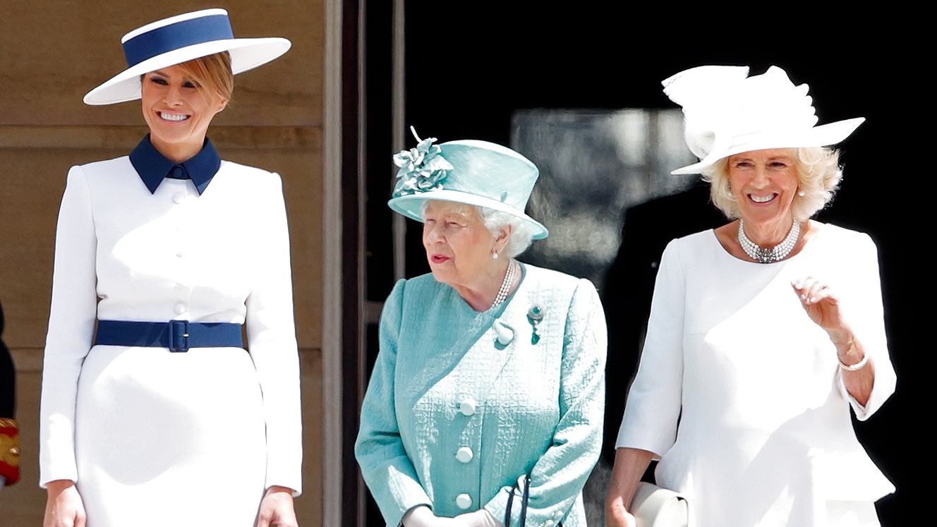 Melania Trump, Queen Elizabeth II and Queen Camilla attend the Ceremonial Welcome in the Buckingham Palace Garden for President Trump