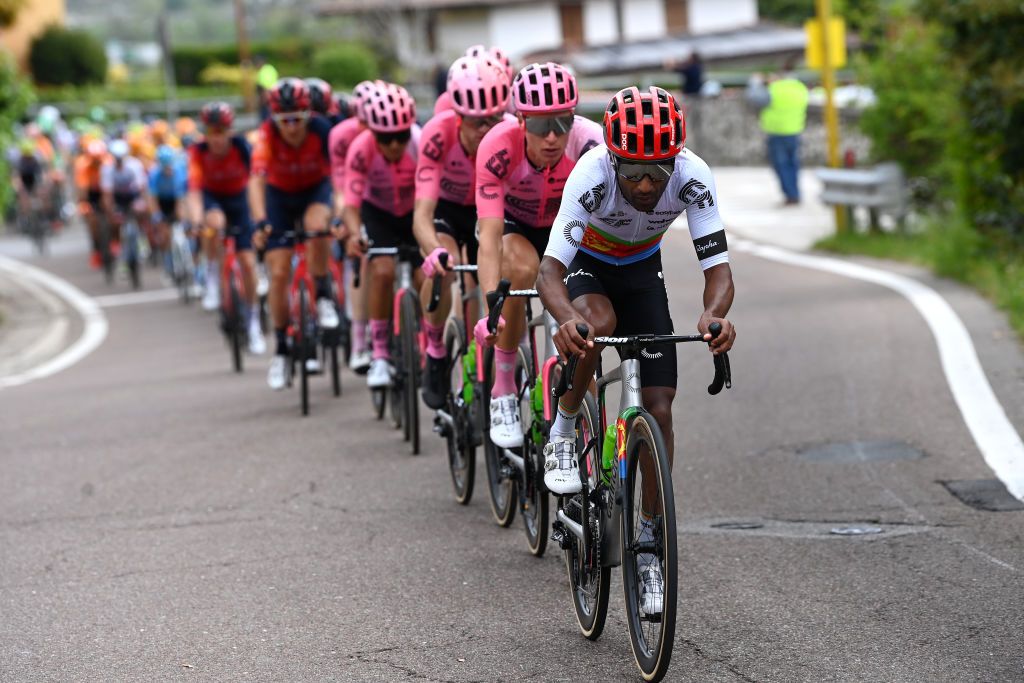 BRENTONICO SAN VALENTINO ITALY APRIL 19 Merhawi Kudus of Eritrea and Team EF EducationEasypost leads the peloton during the 46th Tour of the Alps 2023 Stage 3 a 1625km stage from Ritten to Brentonico San Valentino 1321m on April 19 2023 in Brentonico San Valentino Italy Photo by Tim de WaeleGetty Images
