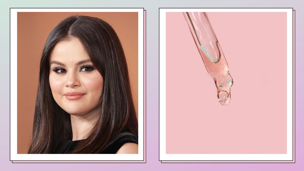 Selena Gomez&#039;s serum hack: A picture of Selena Gomez attending the Variety&#039;s 2022 Hitmakers Brunch at City Market Social House on December 03, 2022 / alongside a stock image of a serum pipette in a pink, green and purple template