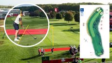 Rory McIlroy and Cameron Young both aiming at the 1st at Bethpage during the Ryder Cup 2025 and a Strokesaver graphic overlayed