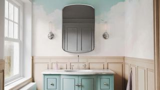 bathroom wallpaper idea with cloud design above green vanity unit
