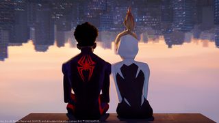 Spider-Man Across the Spider-Verse (2023) Spider-Man and Spider-Gwen sitting upside down viewing the city