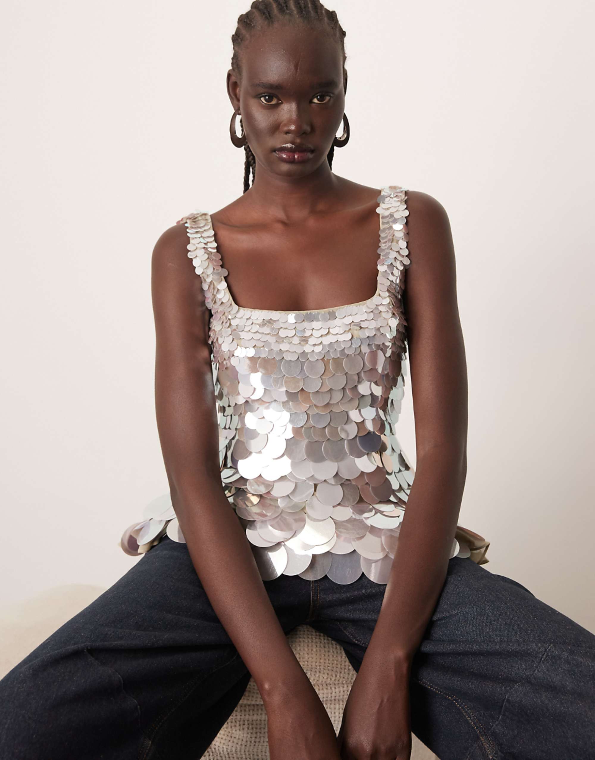 Arrange Embellished Disc Sequin Square Neck Top in Silver