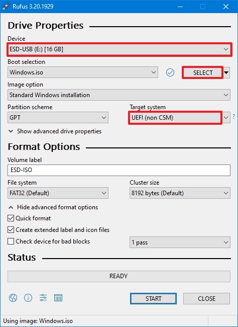 Загрузочный носитель Rufus с использованием существующего ISO-образа Windows 10