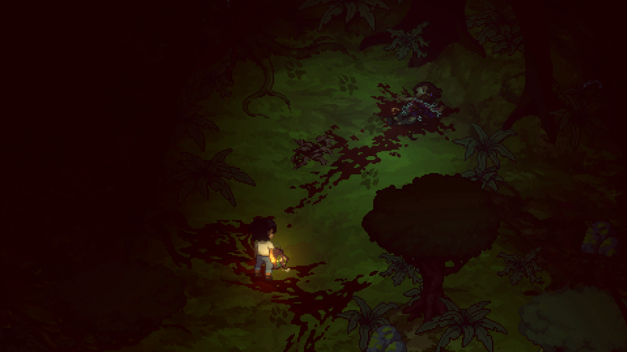 The Grave Seasons protagonist holds a lantern and stares at a bloody corpse in the dark