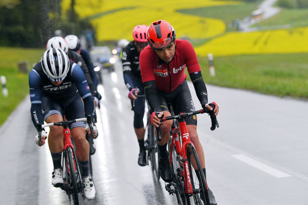 ESTAVAYER SWITZERLAND APRIL 30 Kobe Goossens of Belgium and Team Lotto Soudal on breakaway during the 74th Tour De Romandie 2021 Stage 3 a 1687km stage from Estavayer to Estavayer TDR2021 TDRnonstop UCIworldtour on April 30 2021 in Estavayer Switzerland Photo by Luc ClaessenGetty Images