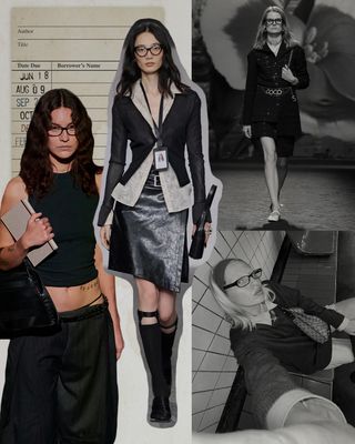 a collage depicting models wearing the geek-chic fashion trend on the runway